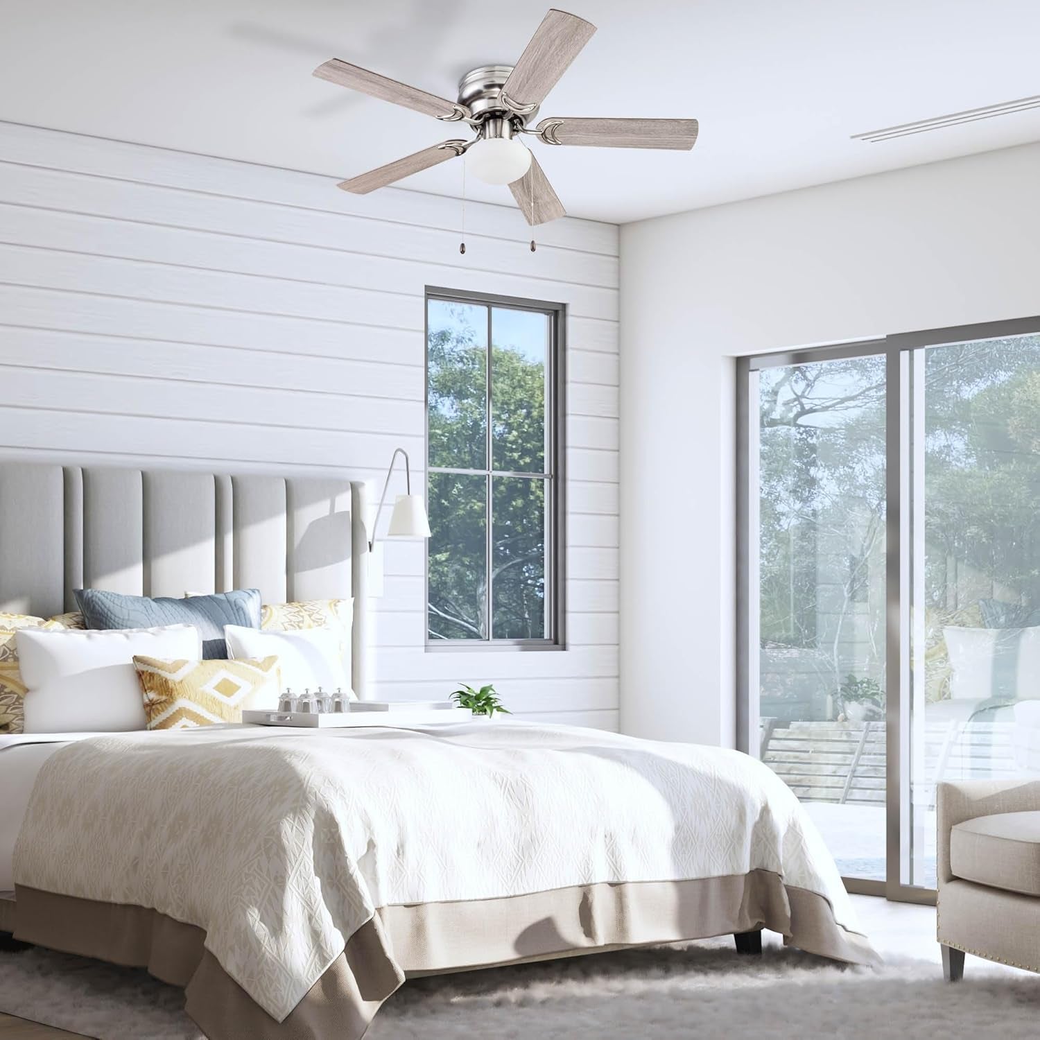 Alvina, 44 Inch Traditional Flush Mount Indoor LED Ceiling Fan with Light, Pull Chain, Dual Finish Blades, Reversible Motor - 51585-01 (Satin Nickel)