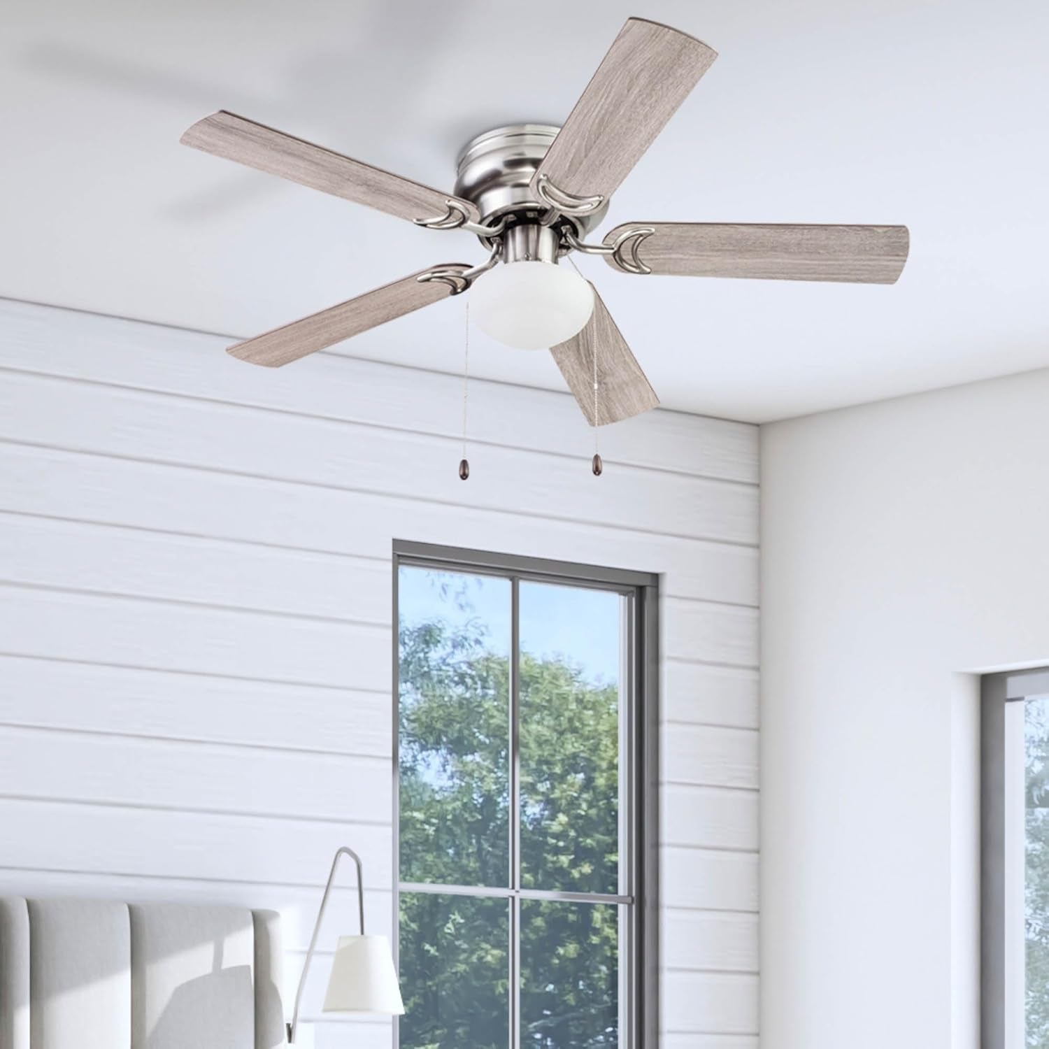Alvina, 44 Inch Traditional Flush Mount Indoor LED Ceiling Fan with Light, Pull Chain, Dual Finish Blades, Reversible Motor - 51585-01 (Satin Nickel)