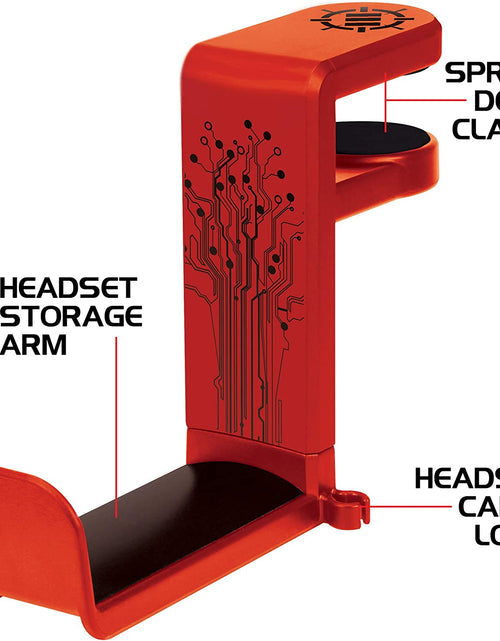 Load image into Gallery viewer, PC Gaming Headphone Holder - Desk Headphone Hanger Esports Headset Holder with Adjustable 360 Rotation, under Desk Headphone Hook Clamp, Universal Fit - Built in Cable Clip Organizer - Red
