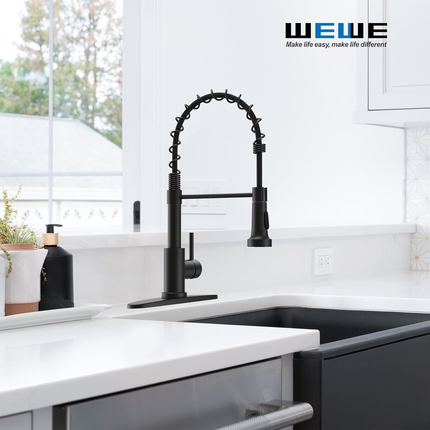 Kitchen Faucets with Pull down Sprayer Commercial Industrial Stainless Steel Single Handle Single Hole Spring Farmhouse RV Sink Faucet, Matte Black