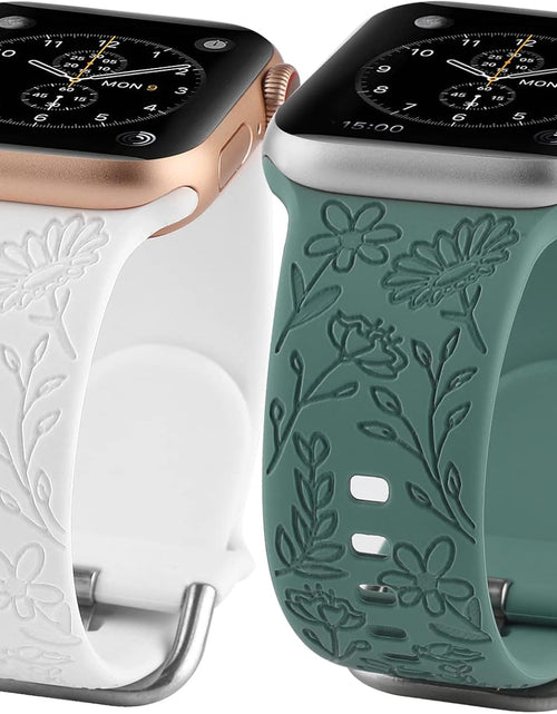 Load image into Gallery viewer, 2 Pack Flower Engraved Sport Strap Compatible with Apple Watch Bands 38Mm 40Mm 41Mm, Women Floral Laser Soft Silicone Wristband Replacement Iwatch Series 8 7 6 5 4 3 2 1 SE
