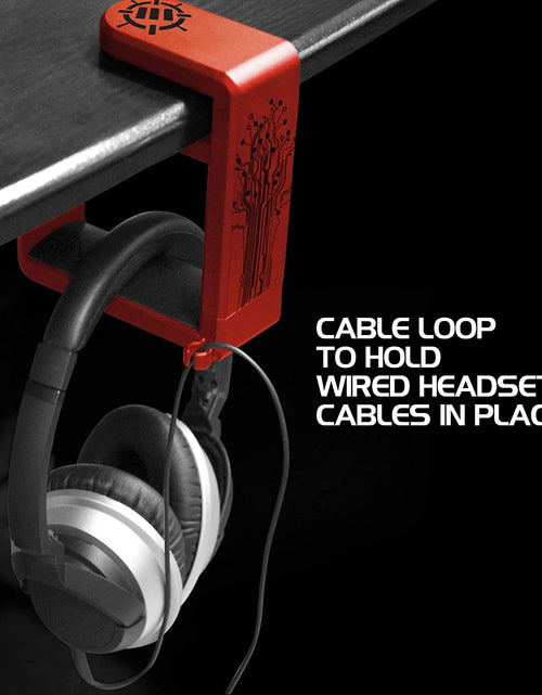 Load image into Gallery viewer, PC Gaming Headphone Holder - Desk Headphone Hanger Esports Headset Holder with Adjustable 360 Rotation, under Desk Headphone Hook Clamp, Universal Fit - Built in Cable Clip Organizer - Red
