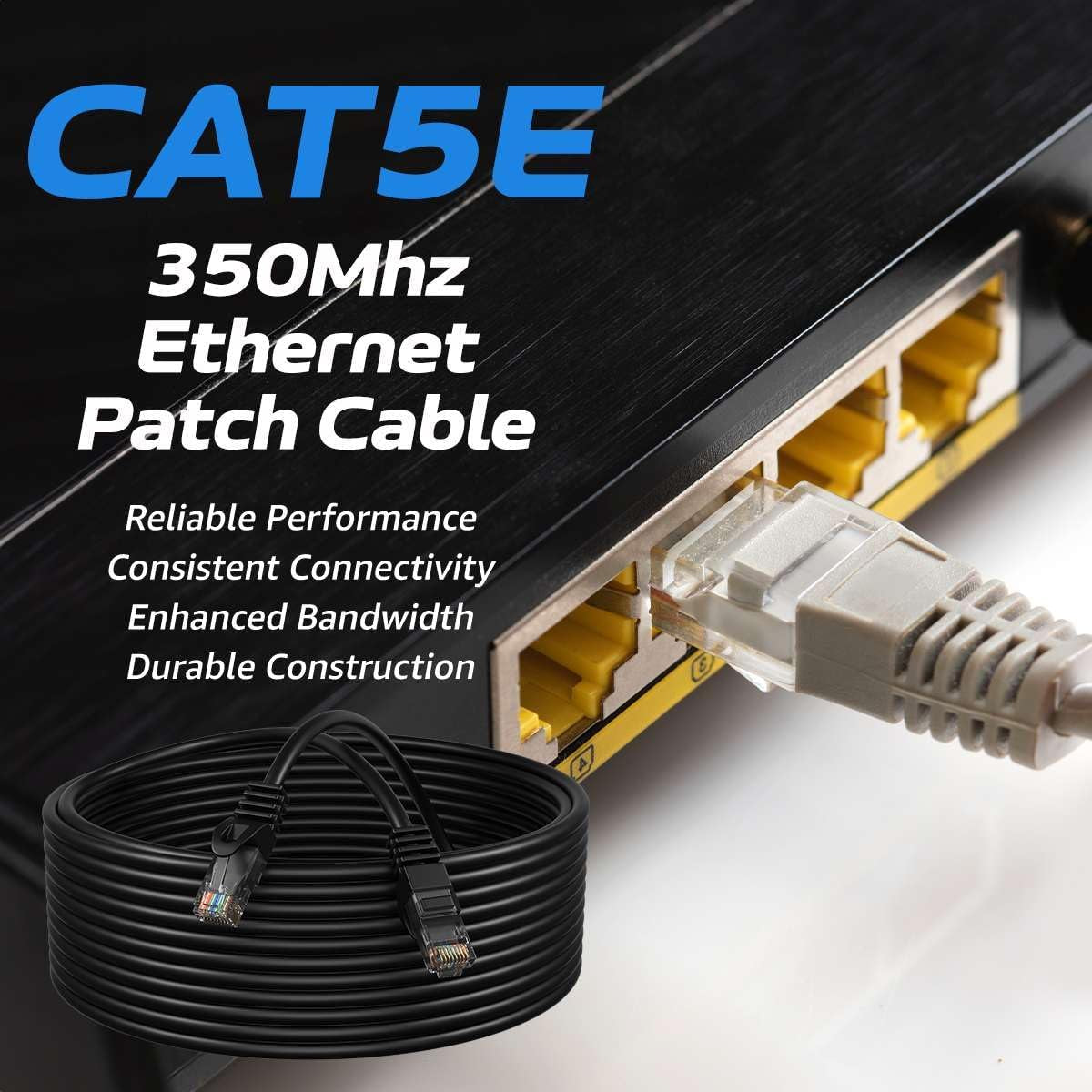 75Ft Black Cat5E Ethernet Network Patch Cable Internet Wire for Modem, Router, Pc, TV, Consoles