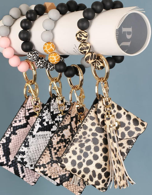 Load image into Gallery viewer, Keychain Bracelet Wristlet, Silicone Beaded Key Ring Bracelet with Card Wallet, Elastic Keyring Bangle for Womens
