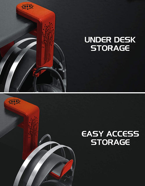 Load image into Gallery viewer, PC Gaming Headphone Holder - Desk Headphone Hanger Esports Headset Holder with Adjustable 360 Rotation, under Desk Headphone Hook Clamp, Universal Fit - Built in Cable Clip Organizer - Red
