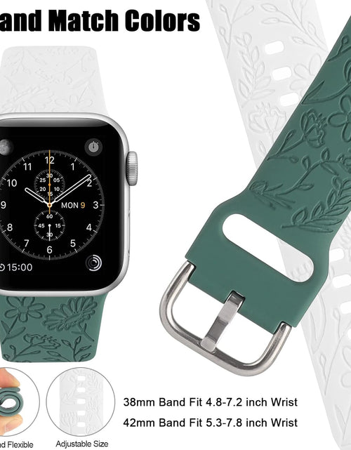 Load image into Gallery viewer, 2 Pack Flower Engraved Sport Strap Compatible with Apple Watch Bands 38Mm 40Mm 41Mm, Women Floral Laser Soft Silicone Wristband Replacement Iwatch Series 8 7 6 5 4 3 2 1 SE
