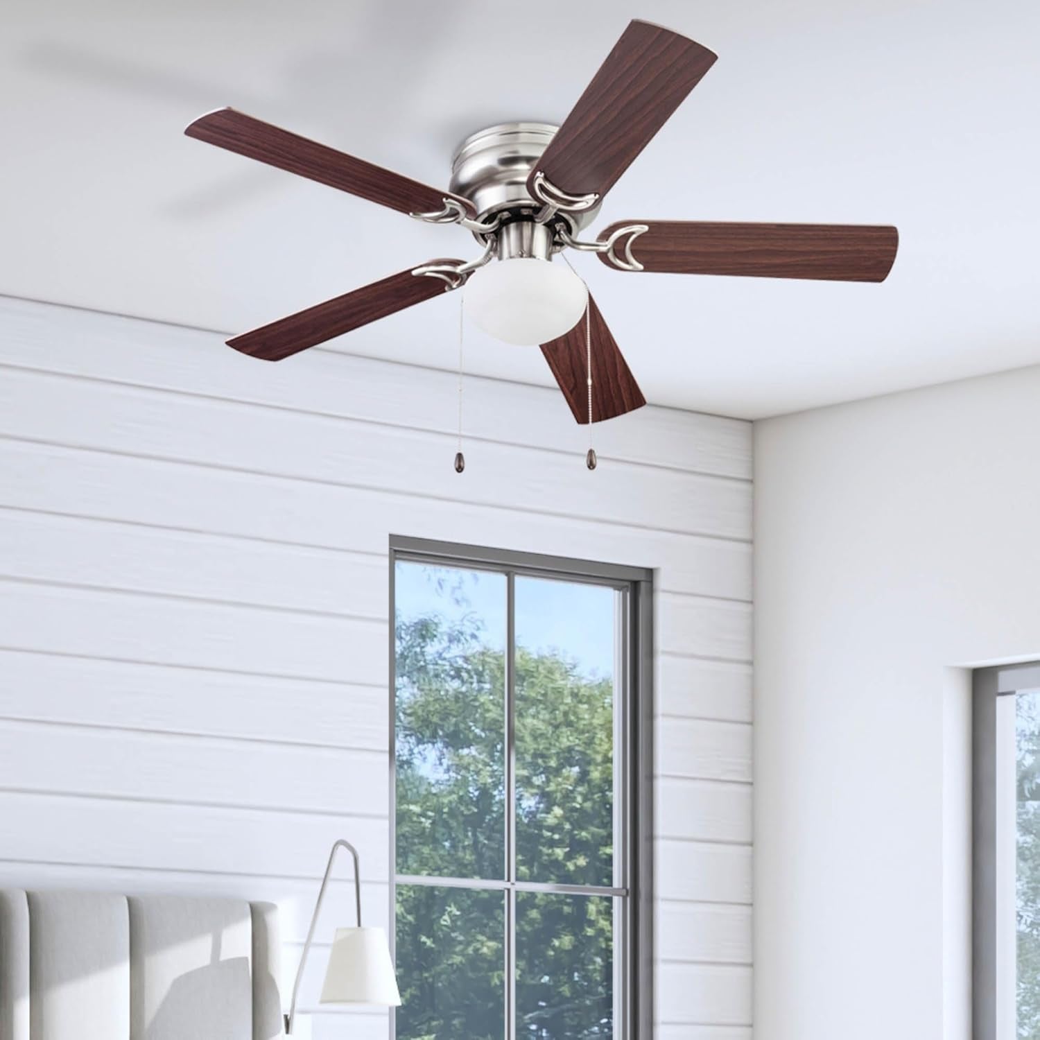 Alvina, 44 Inch Traditional Flush Mount Indoor LED Ceiling Fan with Light, Pull Chain, Dual Finish Blades, Reversible Motor - 51585-01 (Satin Nickel)