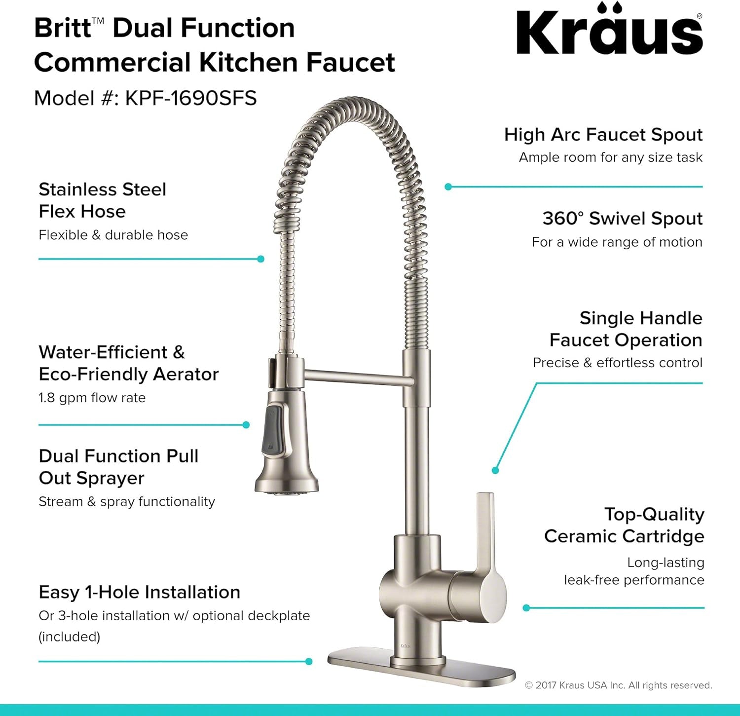KPF-1690SFS Britt Pre-Rinse/Commercial Kitchen Faucet with Dual Function Sprayhead in All-Brite Finish, Spot Free Stainless Steel