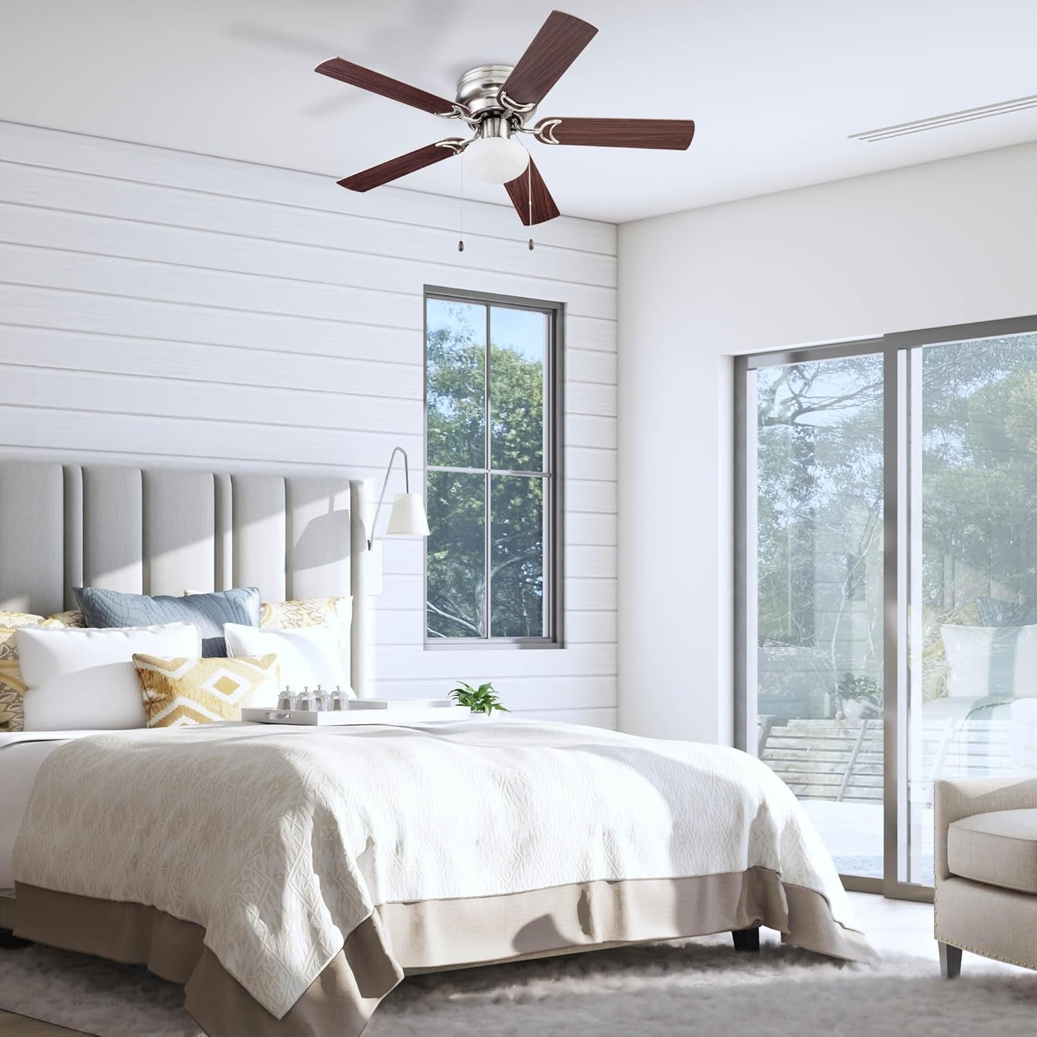Alvina, 44 Inch Traditional Flush Mount Indoor LED Ceiling Fan with Light, Pull Chain, Dual Finish Blades, Reversible Motor - 51585-01 (Satin Nickel)