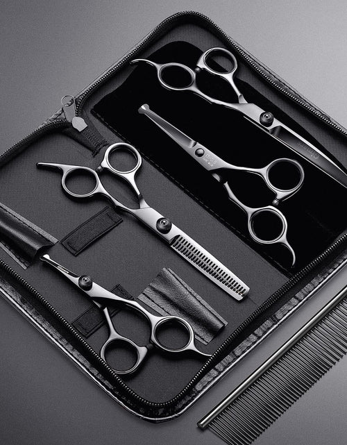 Load image into Gallery viewer, 4CR Stainless Steel Safety round Tip 6 in 1 Professional Dog Grooming Scissors Kit, Heavy Duty Titanium Coated Straight &amp; Thinning &amp; Curved Shears &amp; Comb Set for Dog &amp; Cat Grooming
