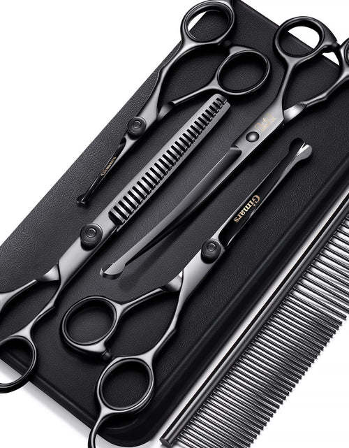 Load image into Gallery viewer, 4CR Stainless Steel Safety round Tip 6 in 1 Professional Dog Grooming Scissors Kit, Heavy Duty Titanium Coated Straight &amp; Thinning &amp; Curved Shears &amp; Comb Set for Dog &amp; Cat Grooming
