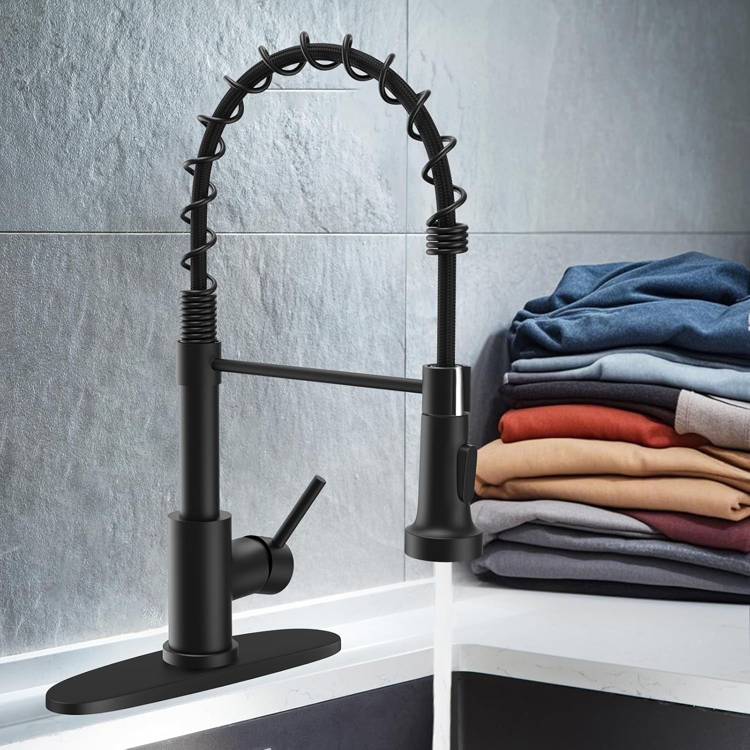 Kitchen Faucets with Pull down Sprayer Commercial Industrial Stainless Steel Single Handle Single Hole Spring Farmhouse RV Sink Faucet, Matte Black