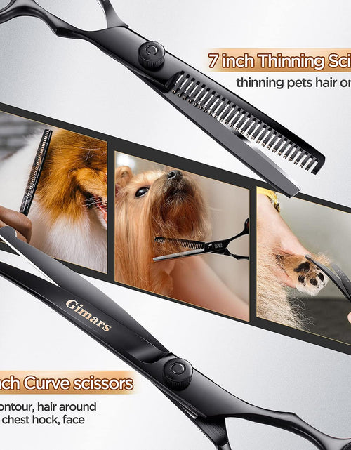 Load image into Gallery viewer, 4CR Stainless Steel Safety round Tip 6 in 1 Professional Dog Grooming Scissors Kit, Heavy Duty Titanium Coated Straight &amp; Thinning &amp; Curved Shears &amp; Comb Set for Dog &amp; Cat Grooming
