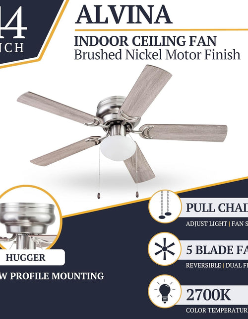Load image into Gallery viewer, Alvina, 44 Inch Traditional Flush Mount Indoor LED Ceiling Fan with Light, Pull Chain, Dual Finish Blades, Reversible Motor - 51585-01 (Satin Nickel)
