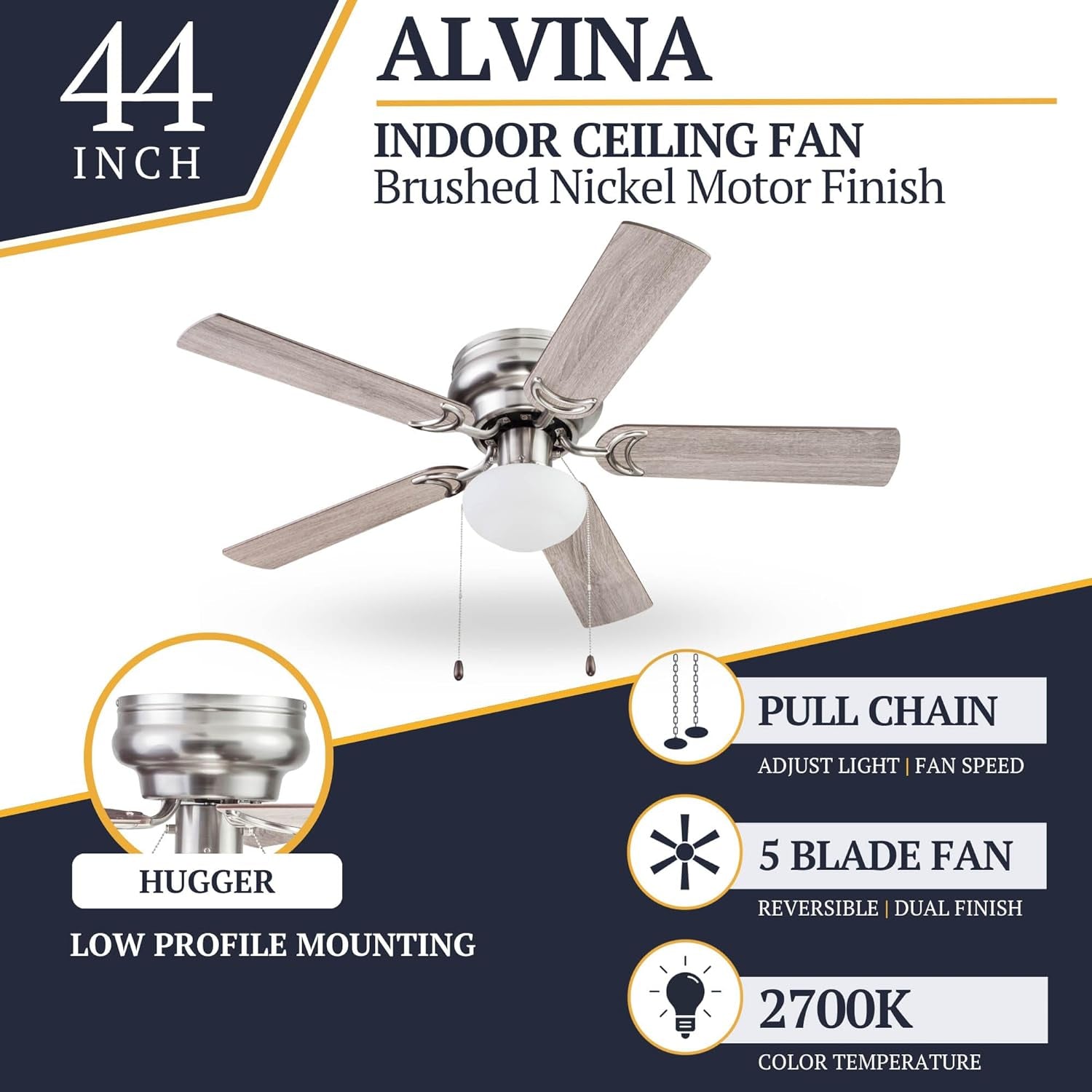 Alvina, 44 Inch Traditional Flush Mount Indoor LED Ceiling Fan with Light, Pull Chain, Dual Finish Blades, Reversible Motor - 51585-01 (Satin Nickel)